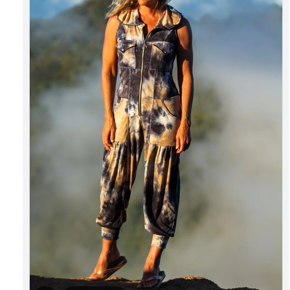 Autumn Teneyl Angel Jumpsuit Black Tan Tie Dye Hooded Sleeveless M/L Made in usa